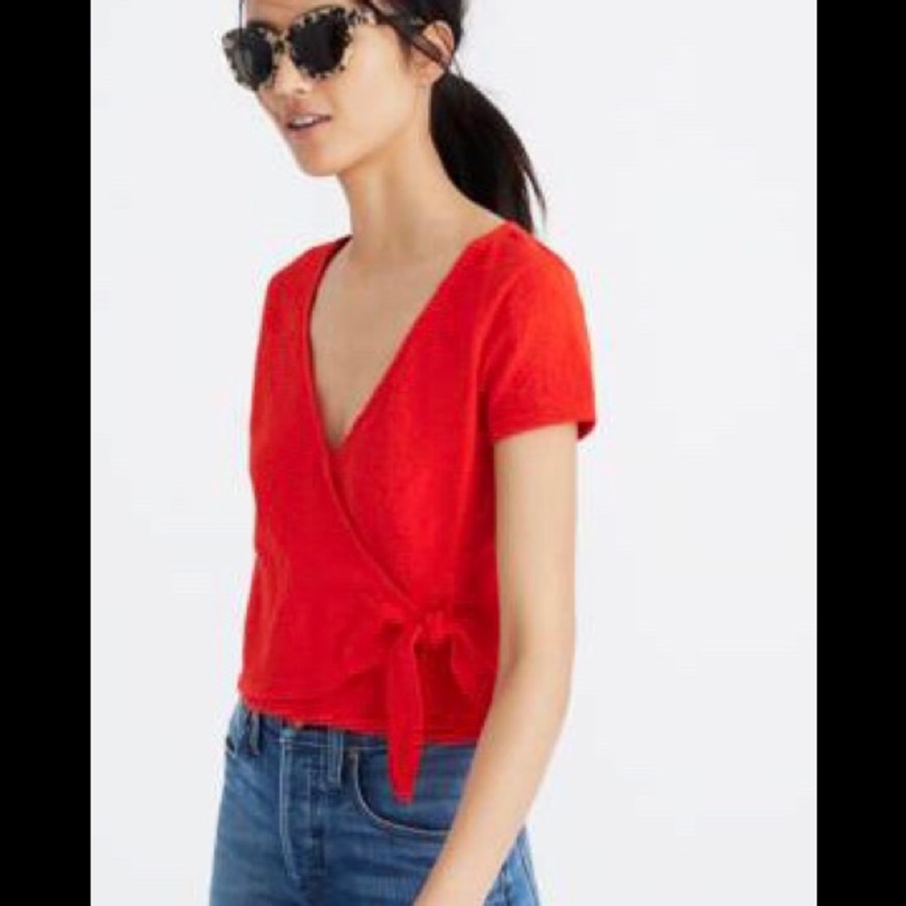 NWOT - Madewell Texture & Thread Wrap-Tie Top in red; Size XXS
